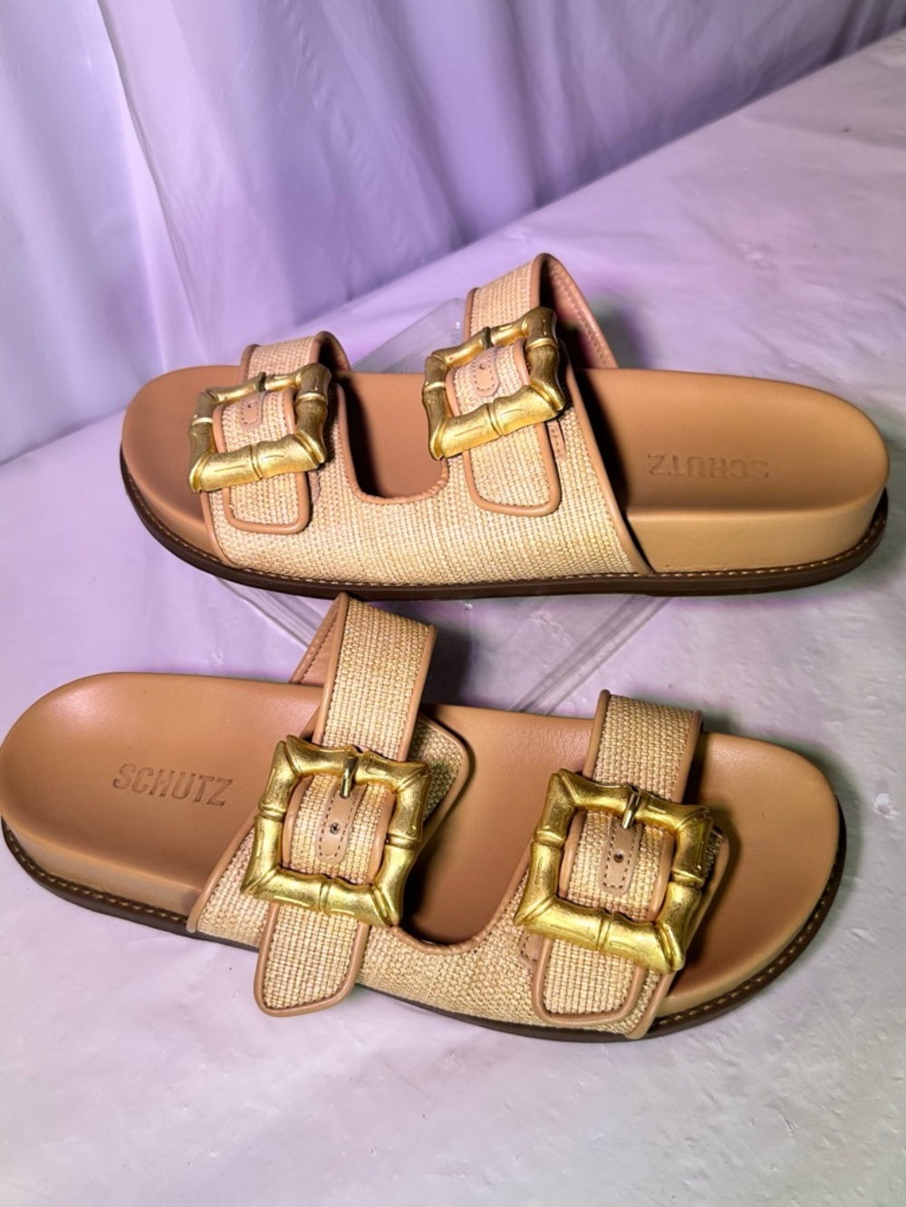 SCHUTZ Tan Slide Sandals with Gold Buckle Accents - Picture 2 of 11